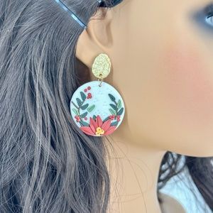 Christmas Red Floral Dangle Drop Earrings